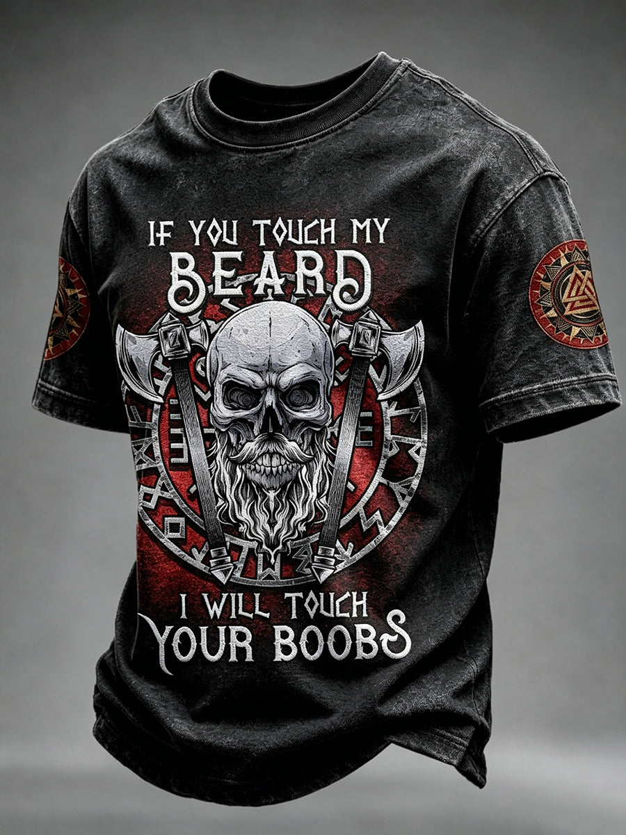 Herren-Viking-T-Shirt mit Totenkopf- und „Wenn du meinen Bart anfasst“-Motiv, Kurzarm