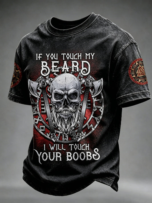 Herren-Viking-T-Shirt mit Totenkopf- und „Wenn du meinen Bart anfasst“-Motiv, Kurzarm