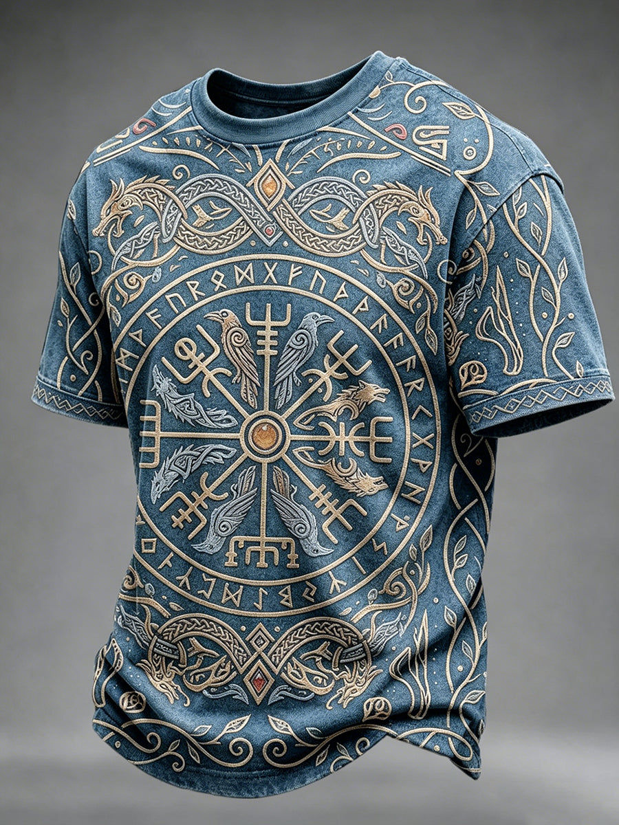 Herren-Vintage-T-Shirt mit Wikinger-Kompass-Muster und kurzen Ärmeln