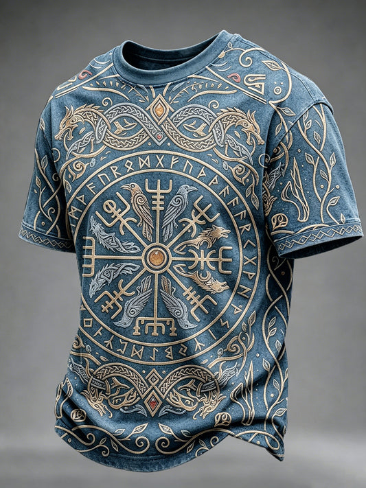 Herren-Vintage-T-Shirt mit Wikinger-Kompass-Muster und kurzen Ärmeln