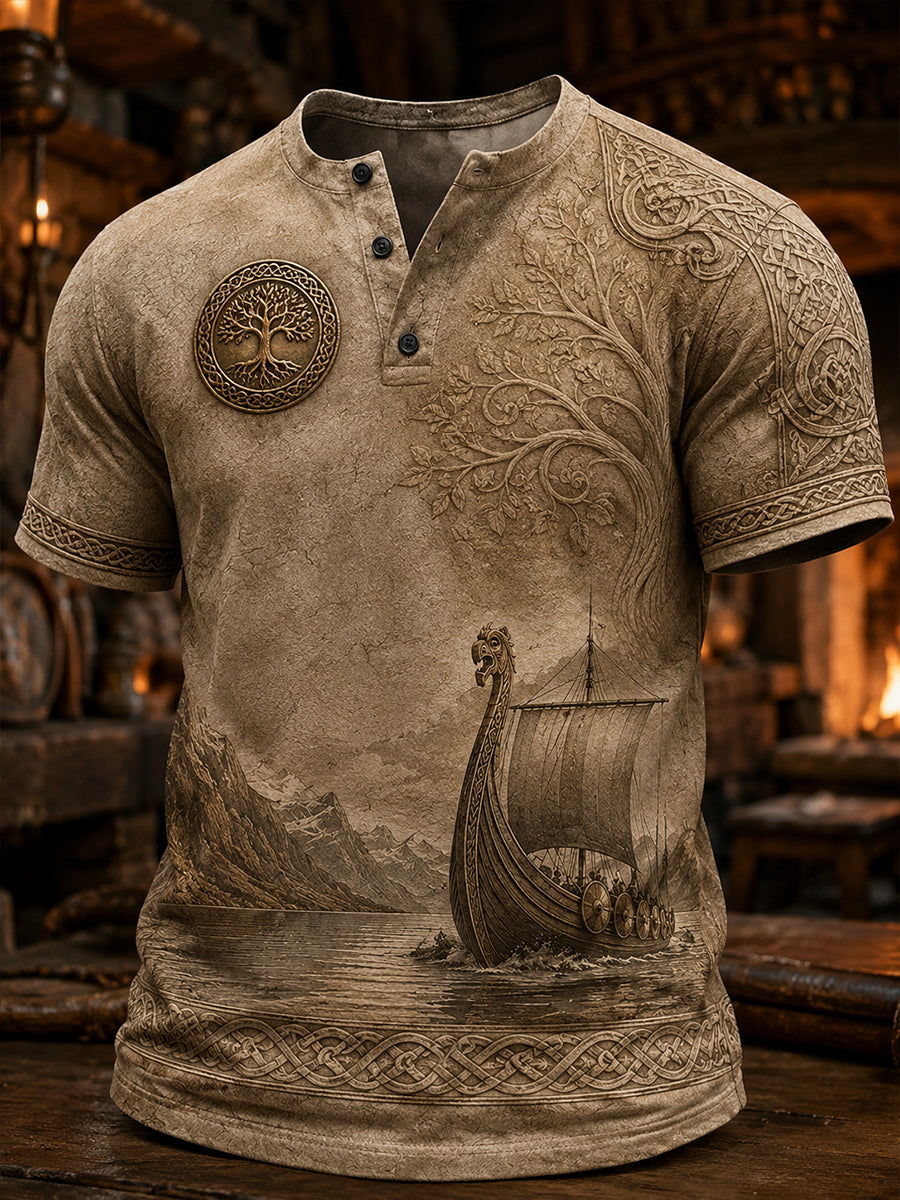 Retro norwegisches Wikinger-Nordic-Style-Kunstdruck-Lässiges Henley-Shirt