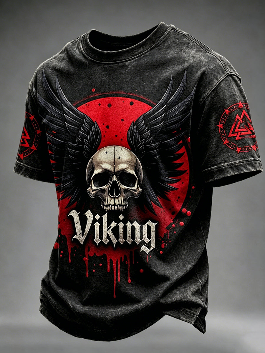 Herren-Vintage-T-Shirt mit Wikinger-Schädel und Flügeln – Kunstdruck, Kurzarm