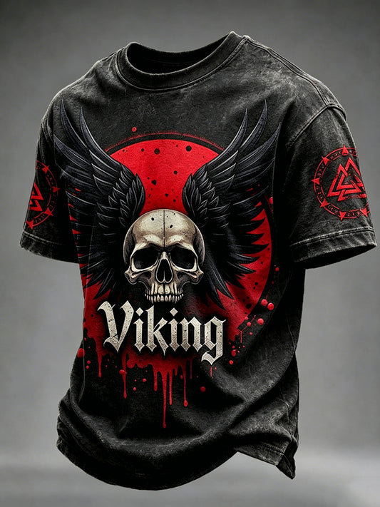 Herren-Vintage-T-Shirt mit Wikinger-Schädel und Flügeln – Kunstdruck, Kurzarm