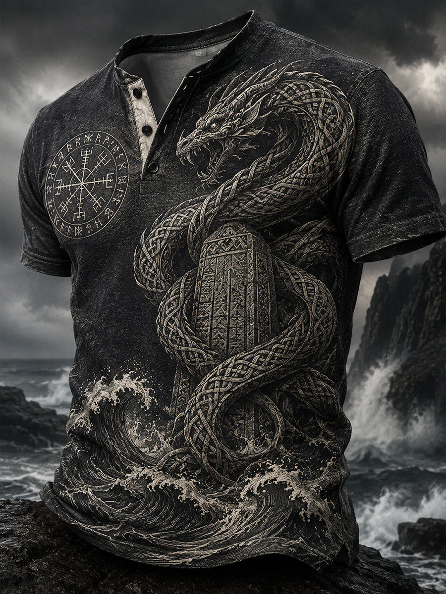 Retro norwegisches Wikinger-Nordic-Style-Kunstdruck-Lässiges Henley-Shirt
