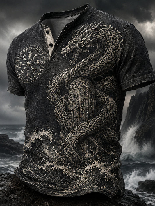 Retro norwegisches Wikinger-Nordic-Style-Kunstdruck-Lässiges Henley-Shirt