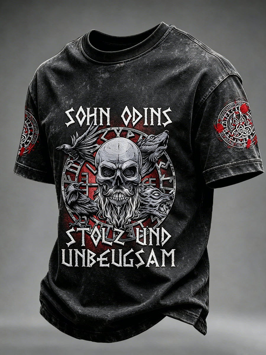Herren-Viking-Odin-Viking-Valhalla-T-Shirt mit Totenkopf-Print und kurzen Ärmeln