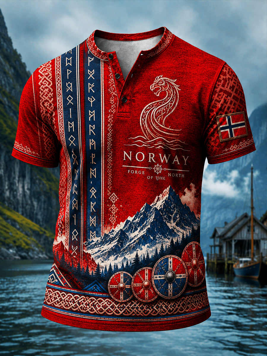 Retro norwegisches Wikinger-Nordic-Style-Kunstdruck-Lässiges Henley-Shirt