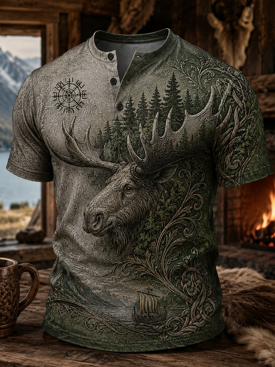 Retro Norwegian Viking Nordic Style Kunstdruck Casual Henley Shirt