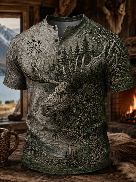Retro Norwegian Viking Nordic Style Kunstdruck Casual Henley Shirt