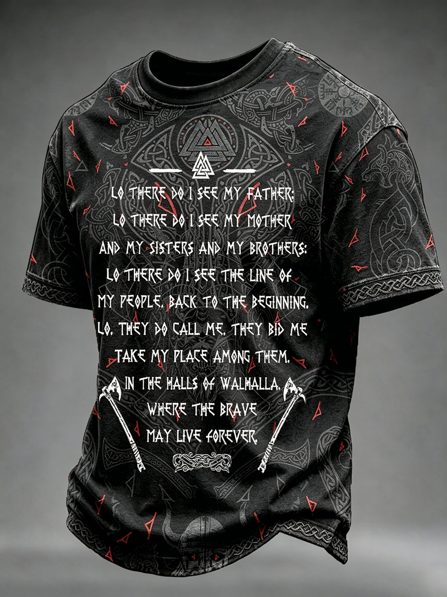 Herren-Vikingerkrieger-Wikinger-Odin-Axt-Valhalla-Gebet-vor-der-Schlacht-Print-T-Shirt mit kurzen Ärmeln