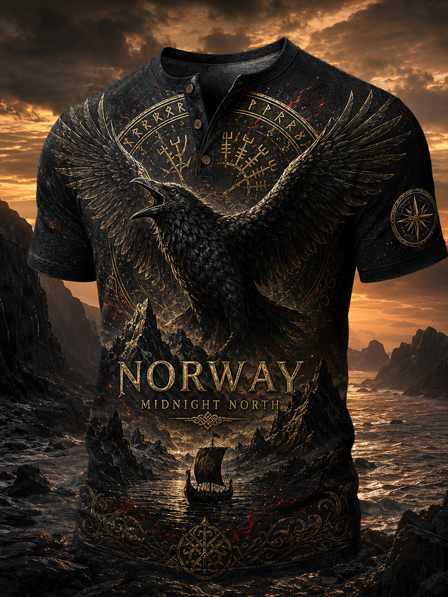 Retro norwegisches Wikinger-Nordic-Style-Kunstdruck-Lässiges Henley-Shirt