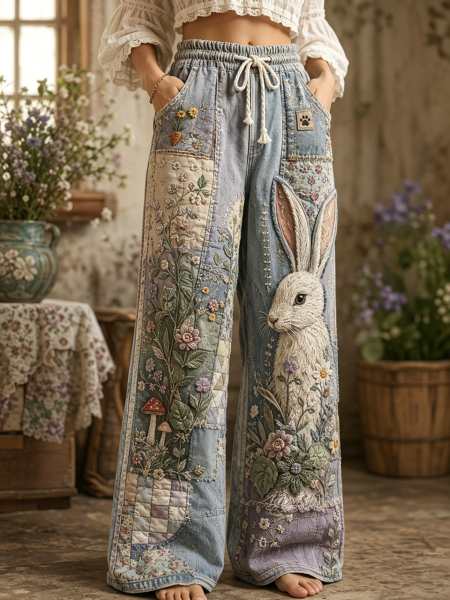 Damen Vintage Floral Kaninchen Collage Kunstdruck Hose