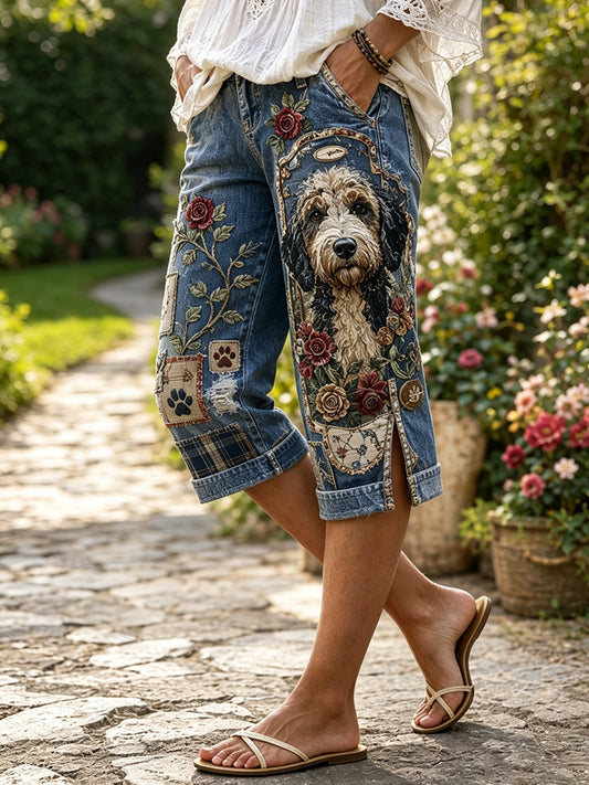 Damen Vintage Floral Welpen Collage Muster Denim Patchwork Capri Hose
