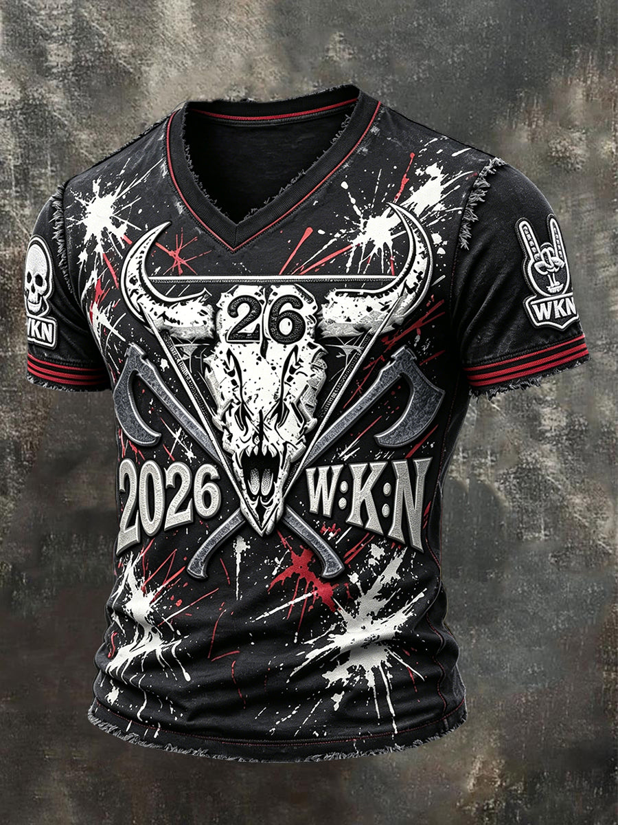 Herren 2026 Deutschland Wacken Metal Festival Punk Print Cooles T-Shirt mit V-Ausschnitt