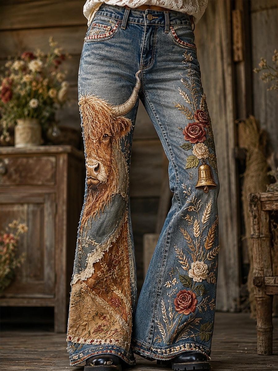 Damen Vintage Floral Highland Kuh Collage Kunstdruck Ausgestellte Hose