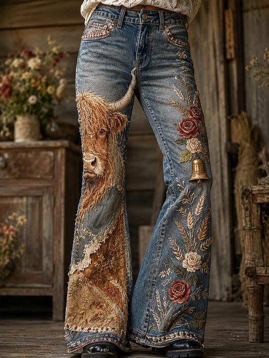Damen Vintage Floral Highland Kuh Collage Kunstdruck Ausgestellte Hose