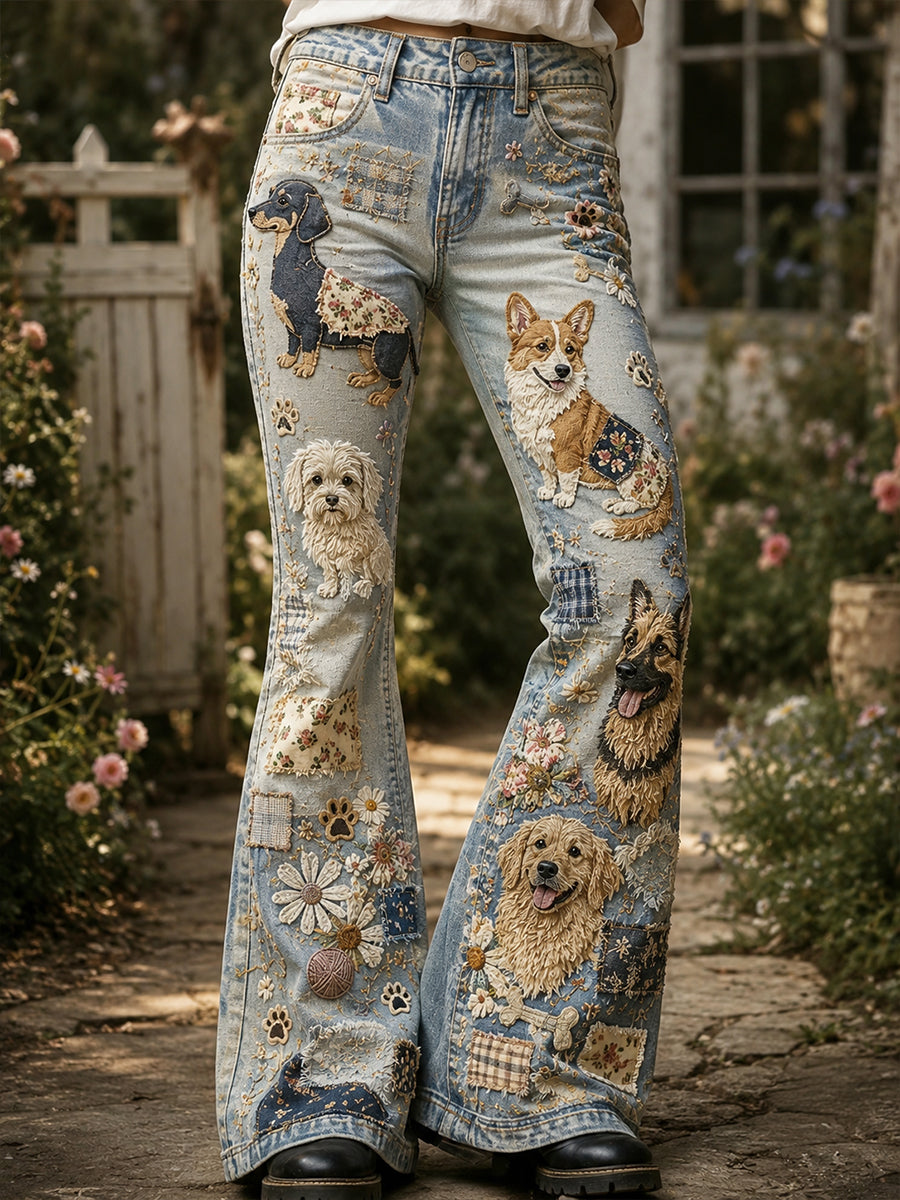 Damen-Hose mit ausgestelltem Schnitt und Vintage-Blumen-/Hunde-Collage-Druck
