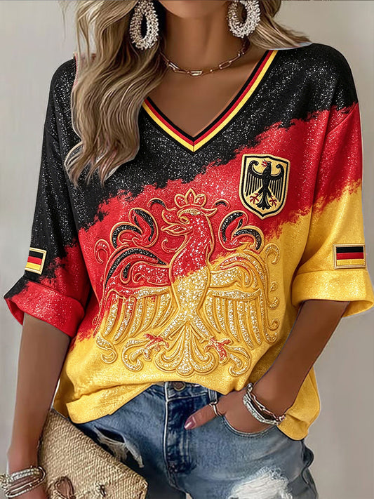 Damen-T-Shirt mit lässiger V-Ausschnitt und deutschem Adler-Print