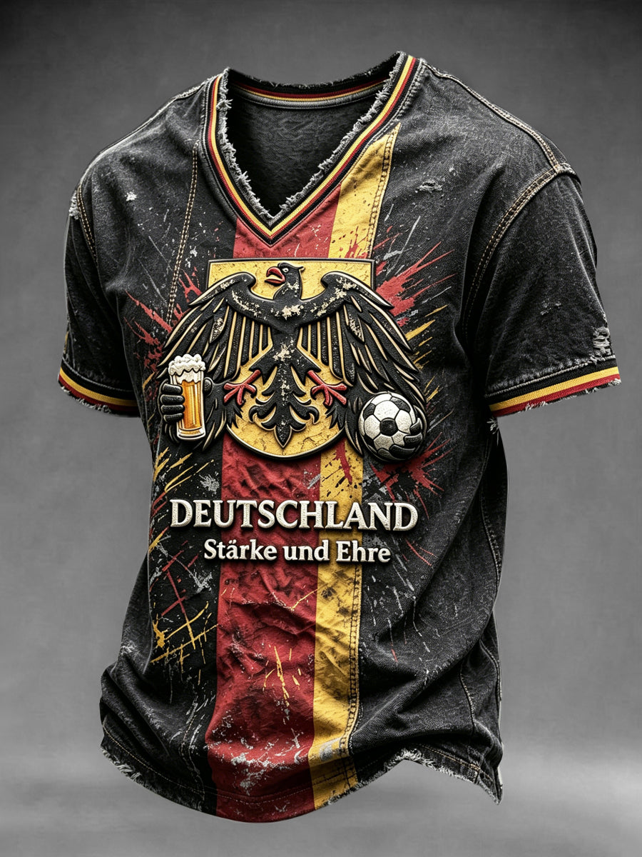 Männer Deutsch Fußball-Print lässig V-Ausschnitt T-Shirt