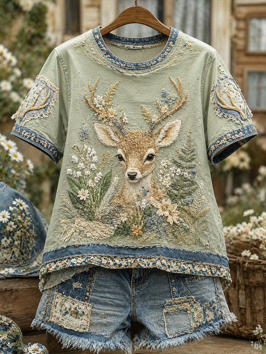 Damen Vintage Floral und Hirsch Collage Kurzarm T-Shirt