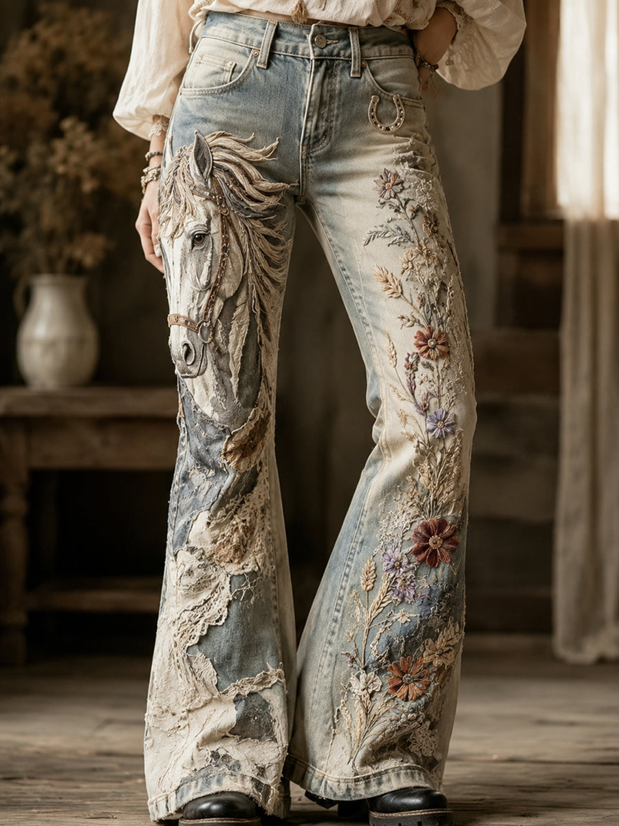Damen Vintage Floral und Pferd Collage Kunstdruck Ausgestellte Hose