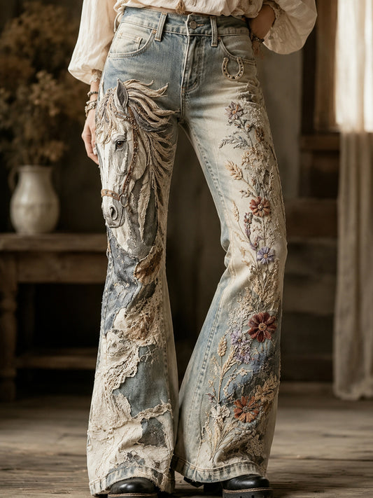 Damen Vintage Floral und Pferd Collage Kunstdruck Ausgestellte Hose