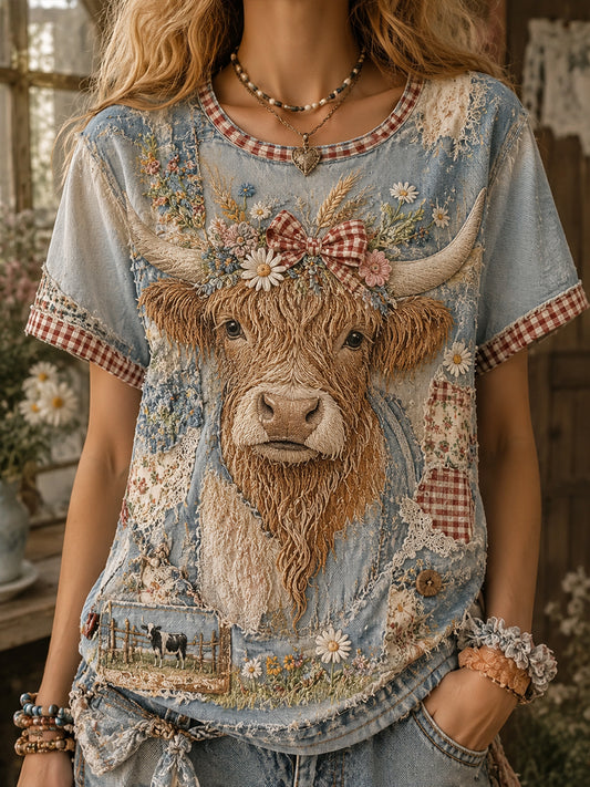 Damen-Vintage-Floral-Highland-Cow-Collage-Kunst-T-Shirt mit kurzen Ärmeln