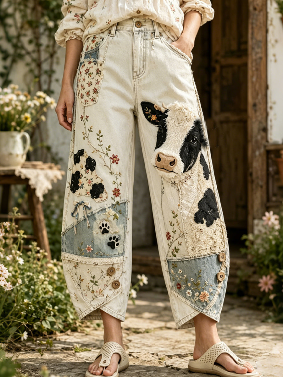 Damen Vintage Blumen-und Kuh druck Collage Kunstdruck Ausgestellte Hosen