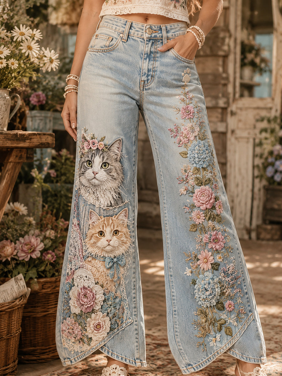 Damen-Hose im Vintage-Stil mit pastoraler Katzen-Collage-Print und ausgestelltem Bein