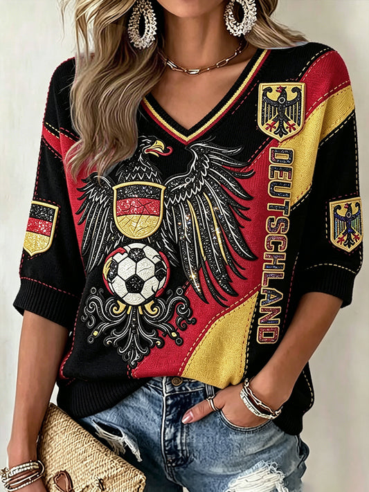 Frauen deutsche Fußball Adler Patchwork Print Freizeit T-Shirt mit V-Ausschnitt