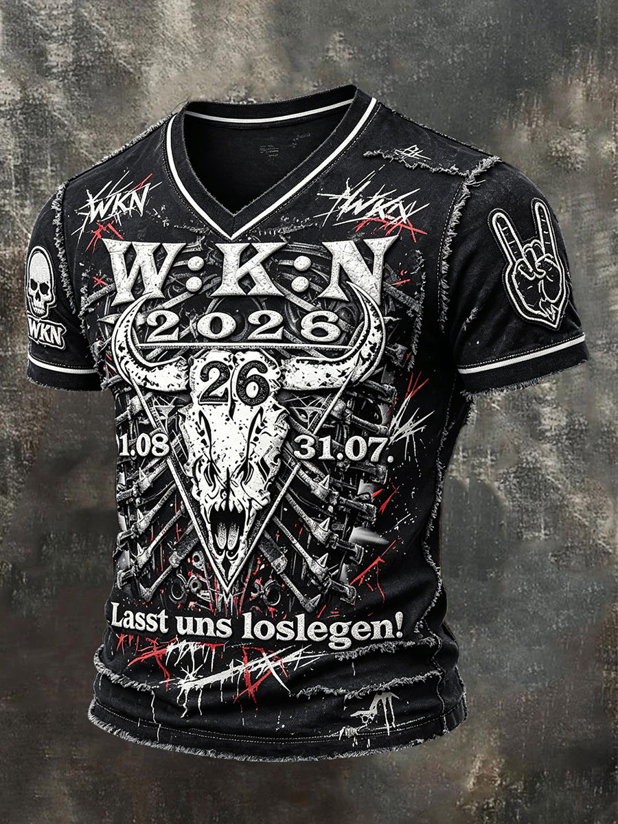 Herren deutsches Wacken Metal Festival Punk Print Cooles T-Shirt mit V-Ausschnitt