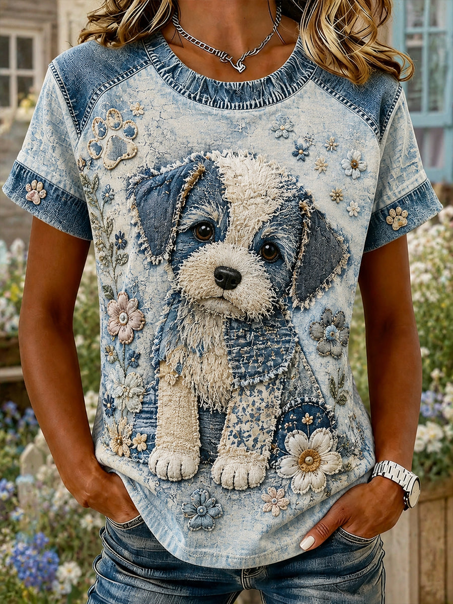Damen Vintage Floral Puppy Collage lässig Kurzarm T-Shirt
