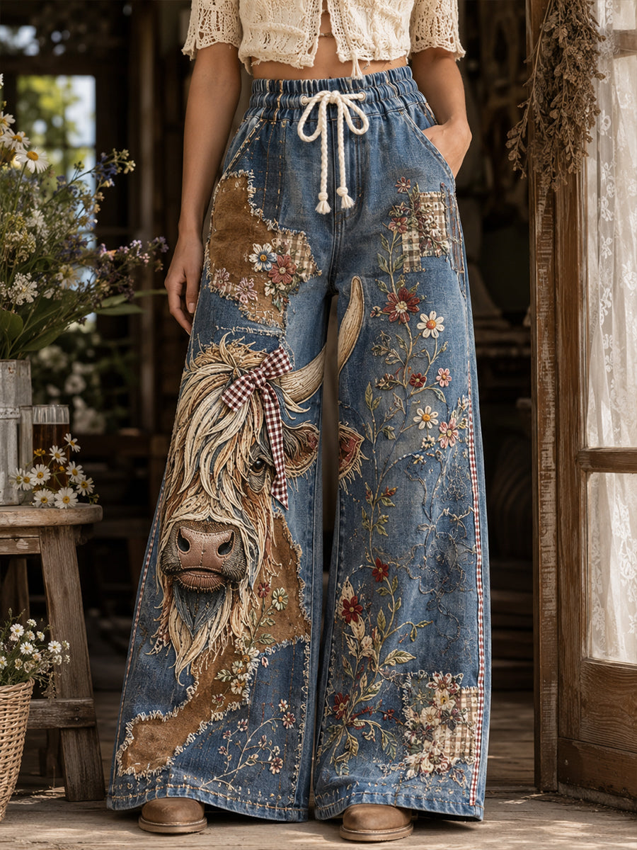 Damen Vintage Floral Highland Kuh Collage Kunstdruck Hose