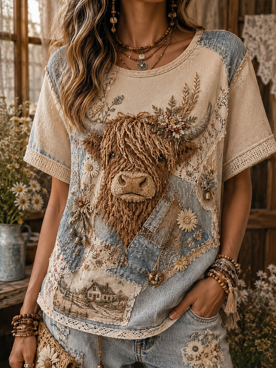 Damen-Vintage-Floral-Highland-Cow-Collage-Kunst-T-Shirt mit kurzen Ärmeln