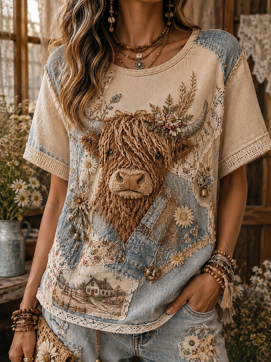 Damen-Vintage-Floral-Highland-Cow-Collage-Kunst-T-Shirt mit kurzen Ärmeln