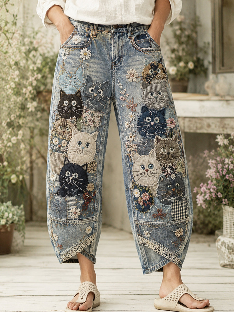 Damen Vintage Floral Katzen Collage Print Ausgeblasene Hosen