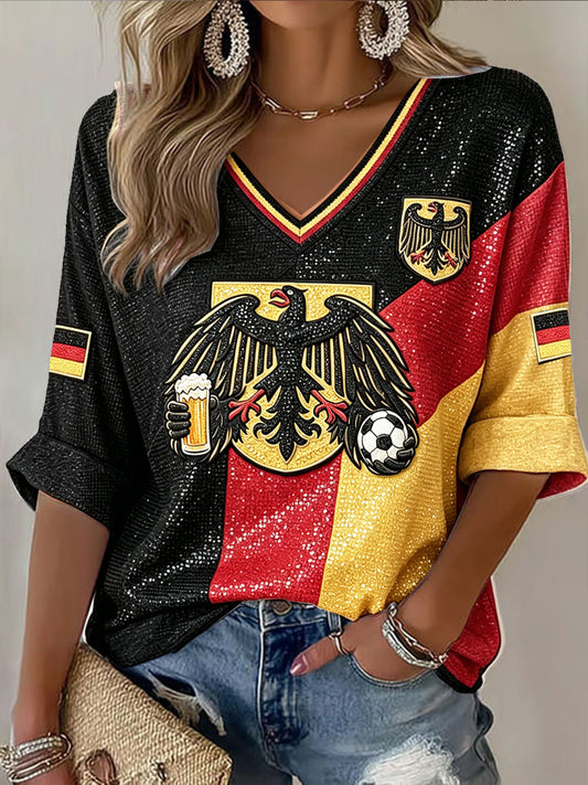 Frauen Deutschland Adler Fußball Print Freizeit T-Shirt mit V-Ausschnitt