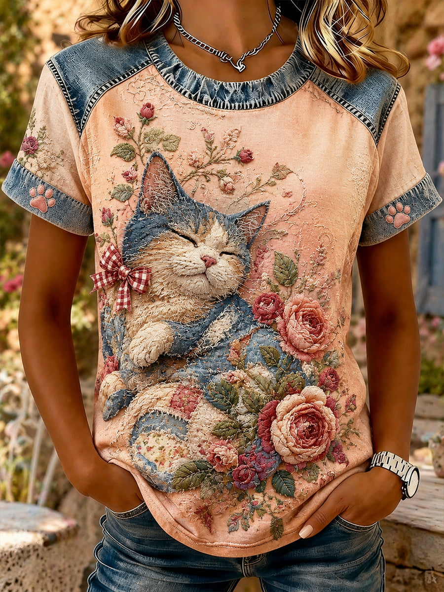 Damen Vintage Floral Kitten Collage lässig Kurzarm T-Shirt