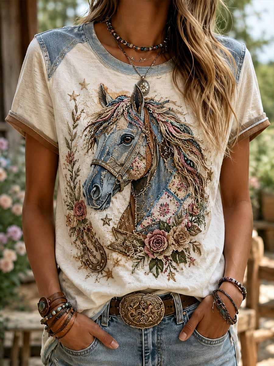 Damen-Vintage-Floral-Western-Pferde-Collage-Kunst-T-Shirt mit kurzen Ärmeln