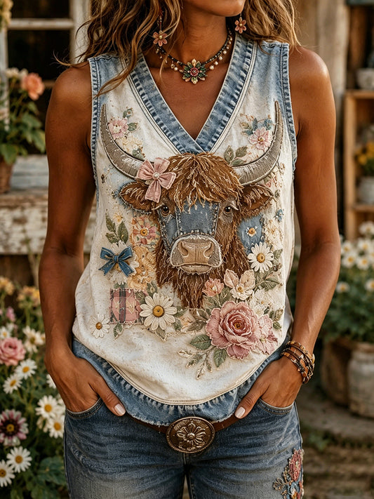 Damen Vintage Floral Highland Kuh Collage Weste