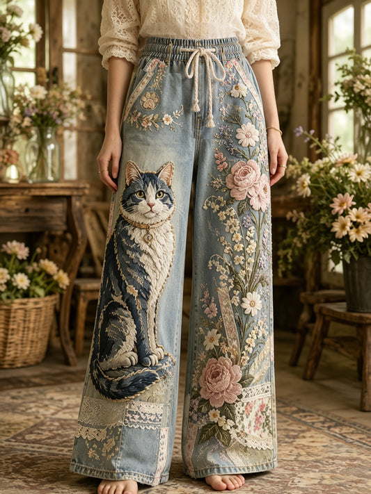 Damen Vintage Floral Katzen Collage Kunstdruck Hose
