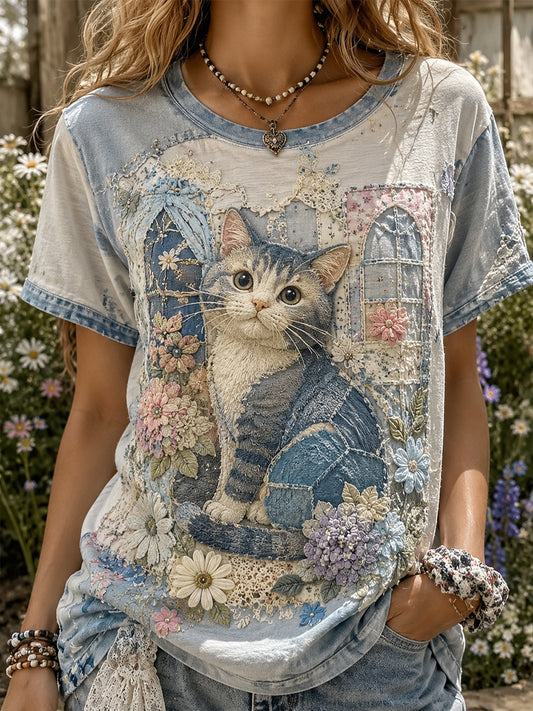 Damen-Vintage-Floral-Katzen-Collage-T-Shirt mit kurzen Ärmeln
