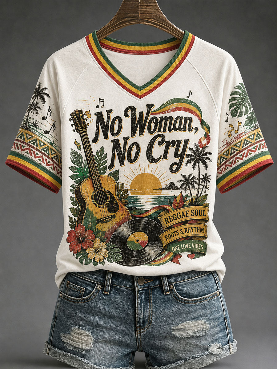 Damen-V-Neck-T-Shirts mit dem Schriftzug „No Woman, No Cry“