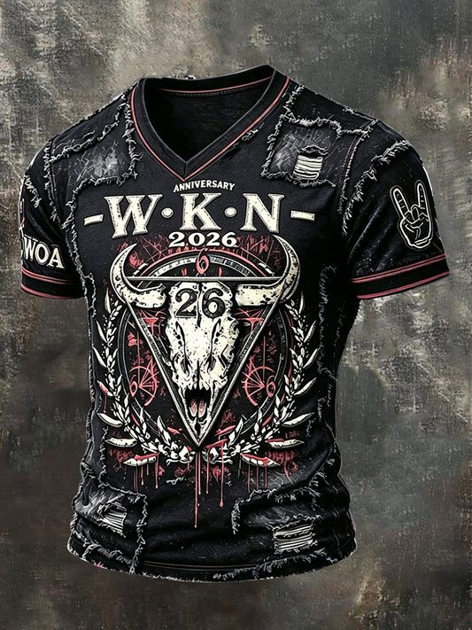 Herren-Vintage-Patchwork-T-Shirt im Wacken-Metal-Festival-Style mit V-Ausschnitt und lässigem Druck