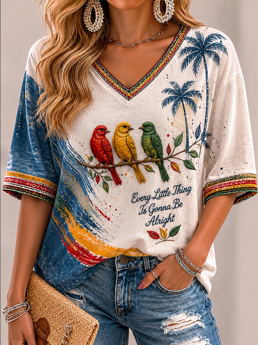Damen Retro Reggae Künstlerisch Lässiges V-Ausschnitt T-Shirt