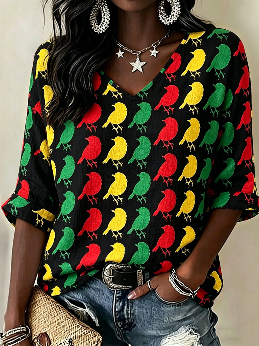 Damen Rasta Color Reggae Birds Print Kurzarm T-Shirt aus Leinen