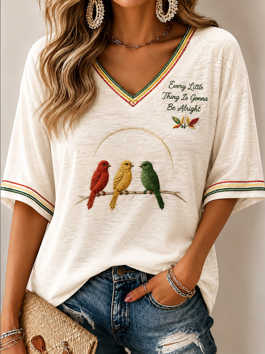 Damen Vintage Reggae Klassisches lässiges V-Ausschnitt T-Shirt