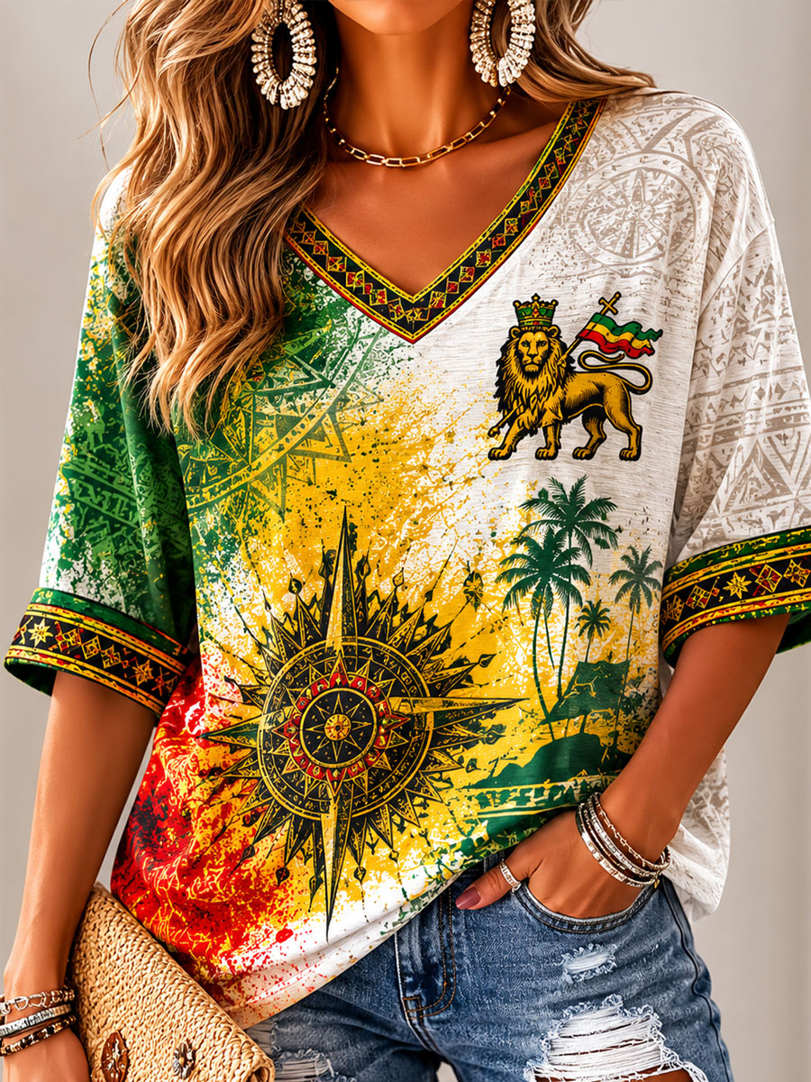 Damen-Reggae-Print-Lässiges T-Shirt