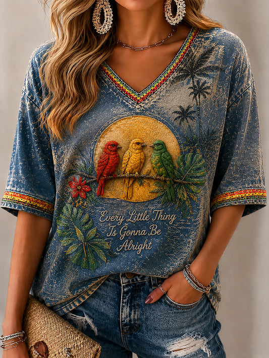 Frauen Vintage-Stil Distressed Reggae Art Casual V-Ausschnitt T-Shirt