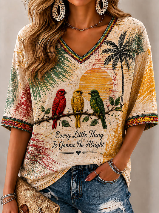 Frauen Vintage-Stil Distressed Reggae Casual V-Ausschnitt T-Shirt